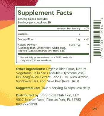 Brightcore Nutrition - Kimchi One, Kimchi Powder Capsules, Probiotics, Enzymes, & Antioxidant Supplement, 90 Vegan Capsules