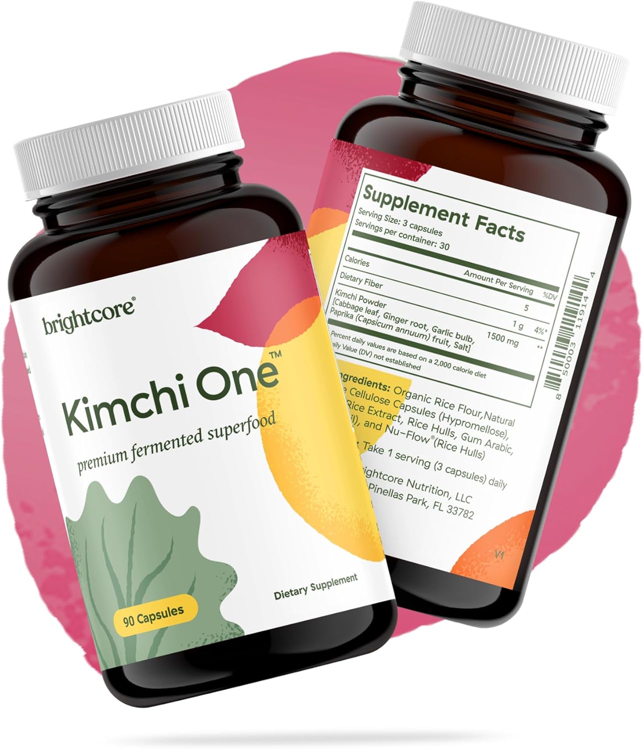 Brightcore Nutrition - Kimchi One, Kimchi Powder Capsules, Probiotics, Enzymes, & Antioxidant Supplement, 90 Vegan Capsules